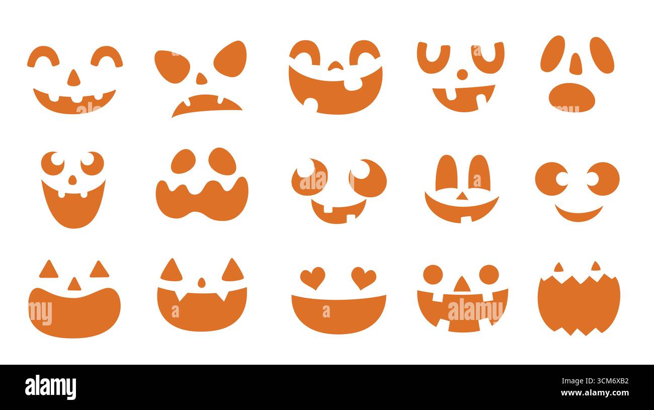 Ensemble de cliparts de visages d'Halloween. Halloween kawaii faces clip art dans la collection de personnages abstraits orange joyeux, drôle, en colère et mignon sourire Illustration de Vecteur