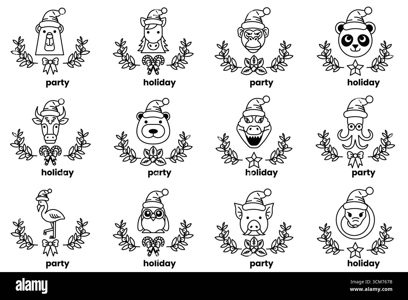 Un ensemble d'illustrations dans le concept d'animaux de Noël et de vacances dans le style d'art au trait Illustration de Vecteur