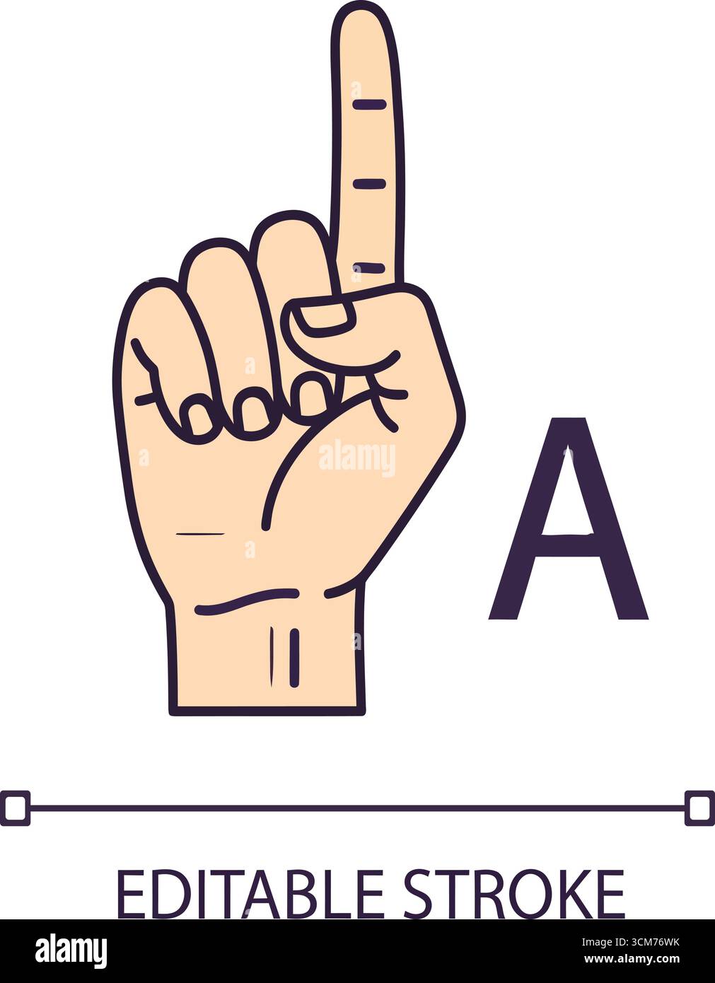 Cette illustration claire et simple représente une main levée avec un doigt pointant vers le haut, symbolisant la lettre 'A' en langue des signes. La conception est Illustration de Vecteur