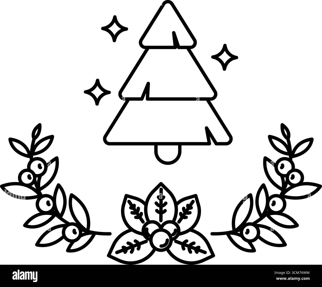 Un arbre avec une cloche sur le dessus est entouré de feuilles et de baies. L'image a une ambiance festive et joyeuse, car elle est probablement censée représenter le C. Illustration de Vecteur Un arbre avec une cloche sur le dessus est entouré de feuilles et de baies. L'image a une ambiance festive et joyeuse, car elle est probablement censée représenter le C. Illustration de Vecteur
