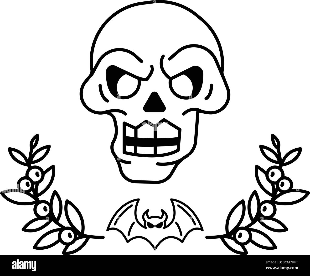 Un crâne avec une chauve-souris dessus. Le crâne est en colère et la chauve-souris est menaçante. L'image a une ambiance sombre et étrange Illustration de Vecteur