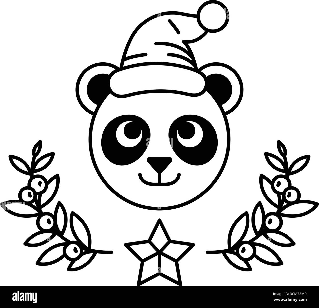 Un ours panda portant un chapeau de Père Noël et une étoile sur sa tête. L'ours est souriant et entouré de feuilles et de baies Illustration de Vecteur