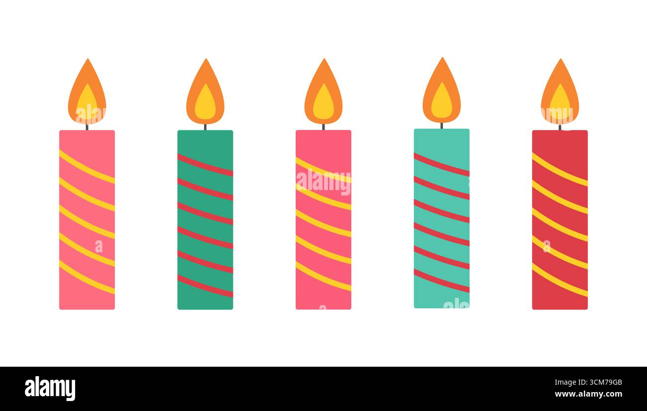 Bougies colorées avec des flammes disposées en rangée sur un fond blanc pour la célébration et les festivités Illustration de Vecteur