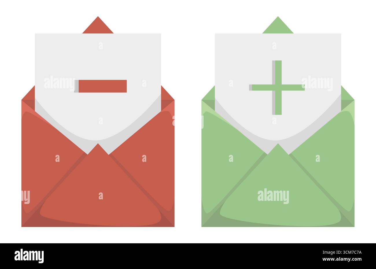 Icônes plus moins. Ajouter des messages de suppression. Ensemble d'enveloppes vectorielles. Illustration rouge vert. SPE 10. Illustration de Vecteur