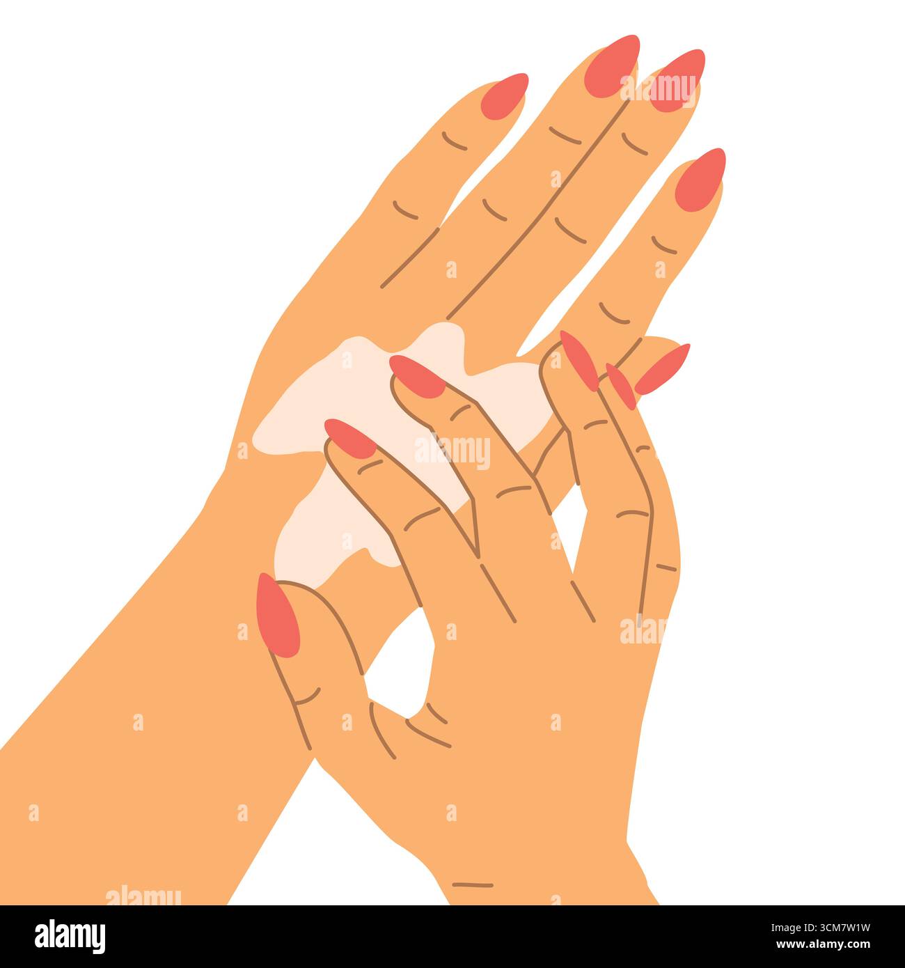 mains féminines appliquant une crème hydratante pour les mains, symbolisant les soins de la peau, la beauté, l'hygiène et le bien-être, parfait pour les publicités cosmétiques, spa, dermatologie et soi Illustration de Vecteur