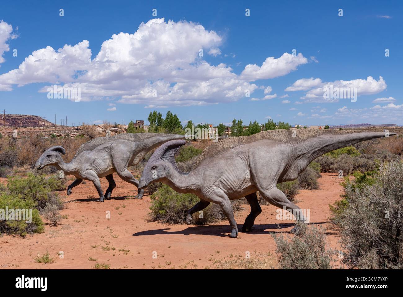 Réplique grandeur nature du dinosaure hadrasuridé Parasaurolophus walkeri le parc de dinosaures Moab Giants à Moab, Utah. Banque D'Images