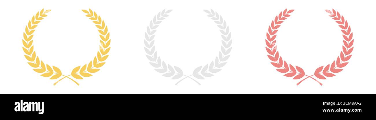 Ensemble de couronnes de laurier en or, argent et bronze pour la Coupe Trophée. Champion et concept gagnant. Illustration vectorielle. Illustration de Vecteur