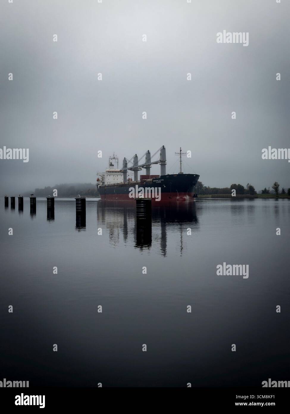 Navire sur le canal Nord-Ostee près de Rendsburg dans le Schleswig-Holstein, Allemagne, un jour d'automne brumeux. Banque D'Images