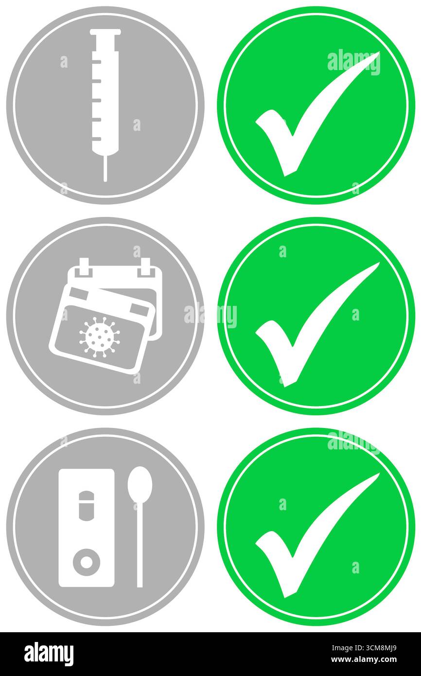 Boutons gris et verts comme signes pour la règle 3G : vacciné, récupéré ou testé négatif Banque D'Images