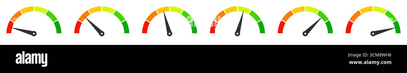Six compteurs de vitesse indiquent la vitesse, les performances ou la satisfaction du client en 6 niveaux Banque D'Images
