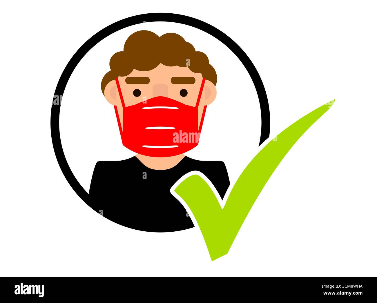 Illustration d’une personne portant un masque pour se protéger contre le coronavirus COVID-19 dans un cercle et cochez comme signe que les masques sont obligatoires Banque D'Images