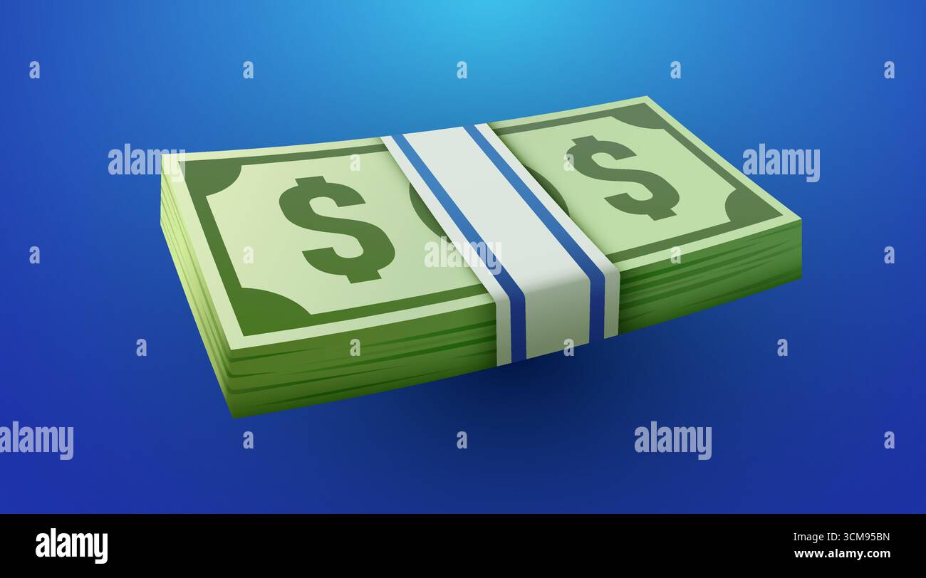 Paquet de monnaie de papier vert. Pile de rendu 3D de dollar US. Billet de banque dollar argent dans le style de bande dessinée isolé. Illustration vectorielle Illustration de Vecteur