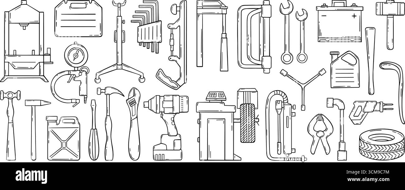 Service de voiture de doodle. Icônes de service automatique dessinées à la main, conception de croquis de batterie de perceuse de canisters d'équipement mécanique. Réparer le jeu de vecteurs néotériques original Illustration de Vecteur