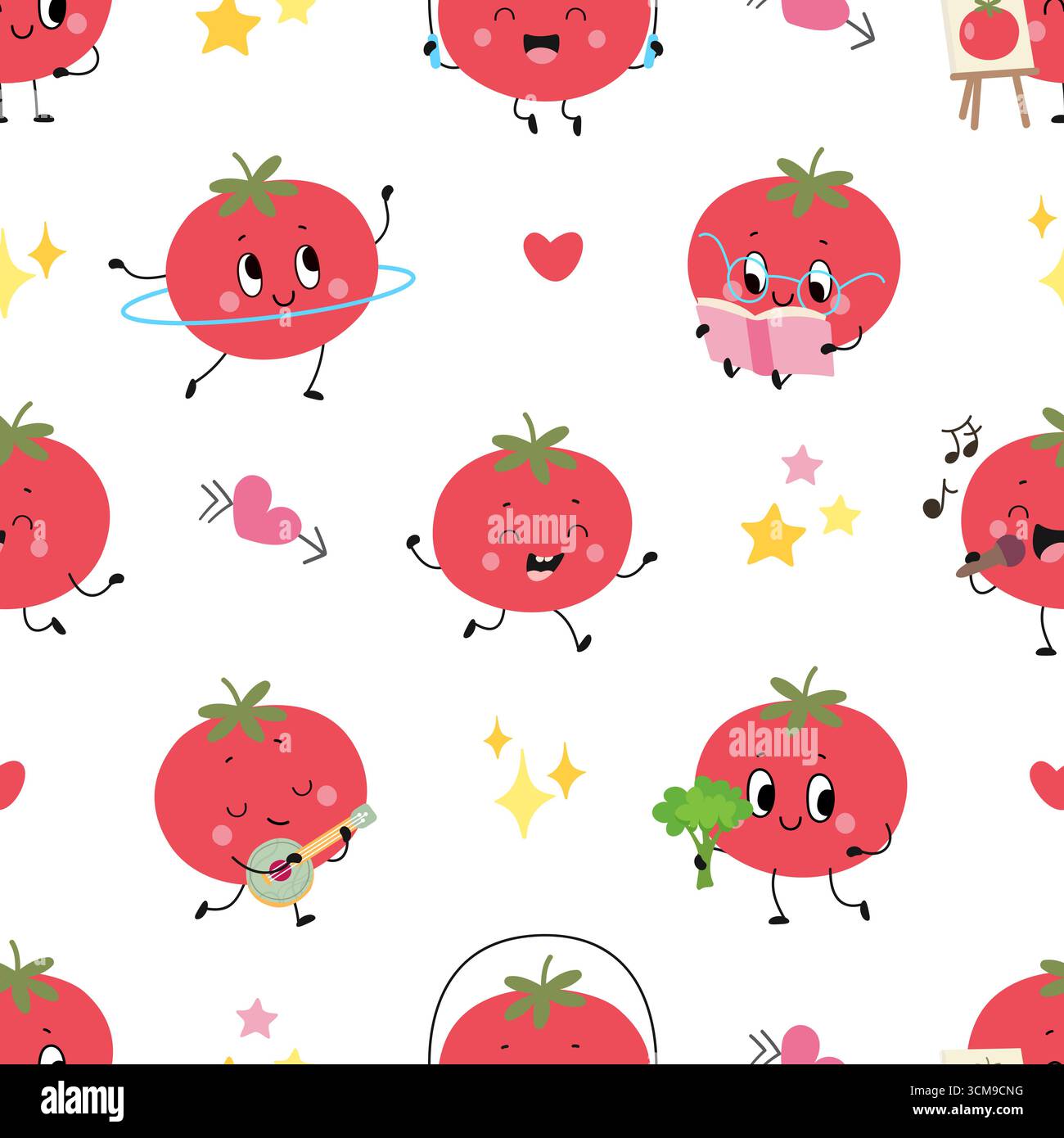 Personnages de tomate de dessin animé. Tomates rouges diverses situations, livre de lecture, jouer au tennis, chanter, musicien. Mascotte de légumes enfantins drôle de nos jours Illustration de Vecteur