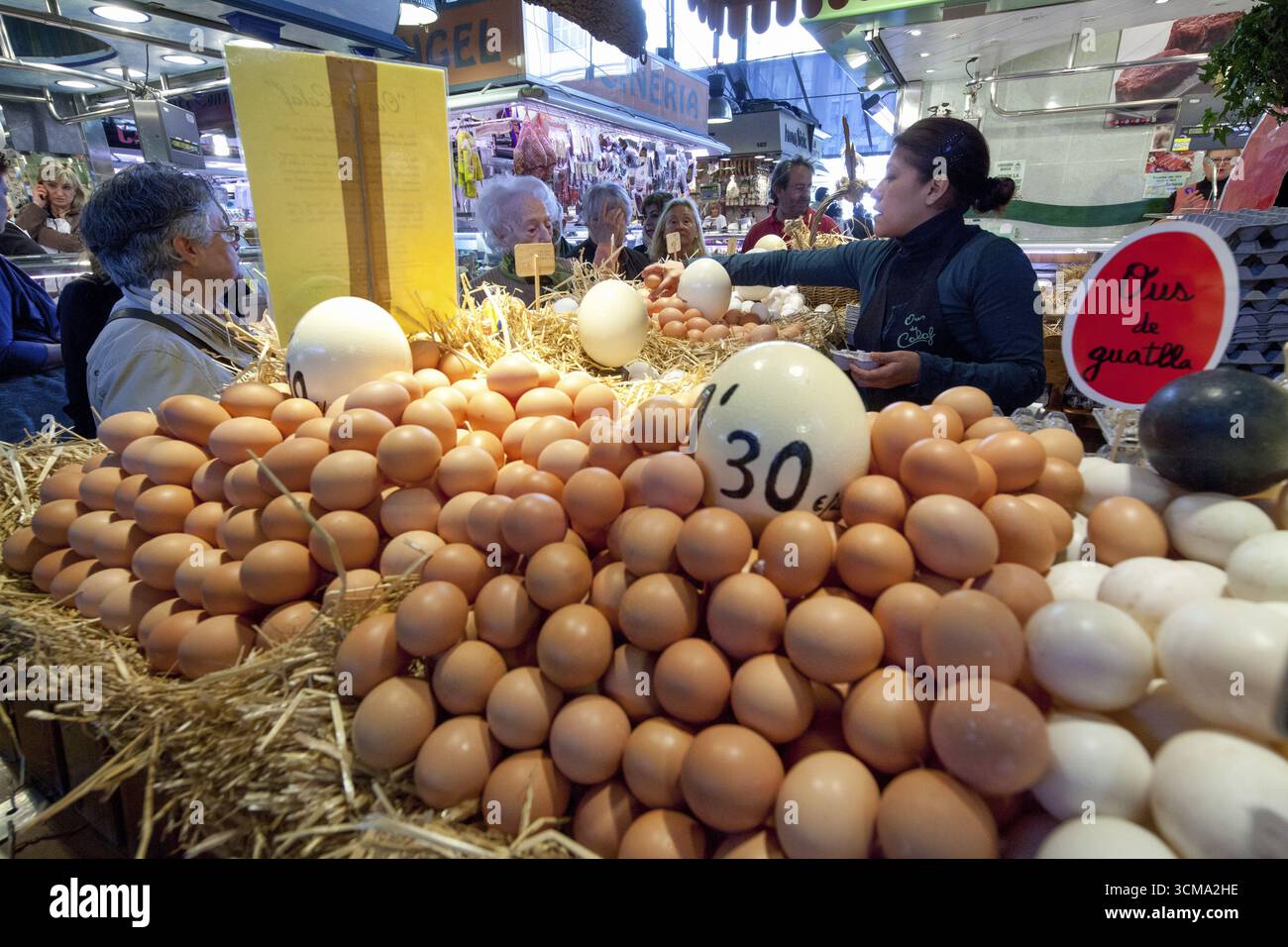 Oeufs, stalle d'oeufs, oeuf, étiquettes de prix, la Boqueria, étals de marché, étal de marché, marché, Ramblas, Rambles, zone piétonne, Barcelone, Catalogne, Espagne, UE Banque D'Images