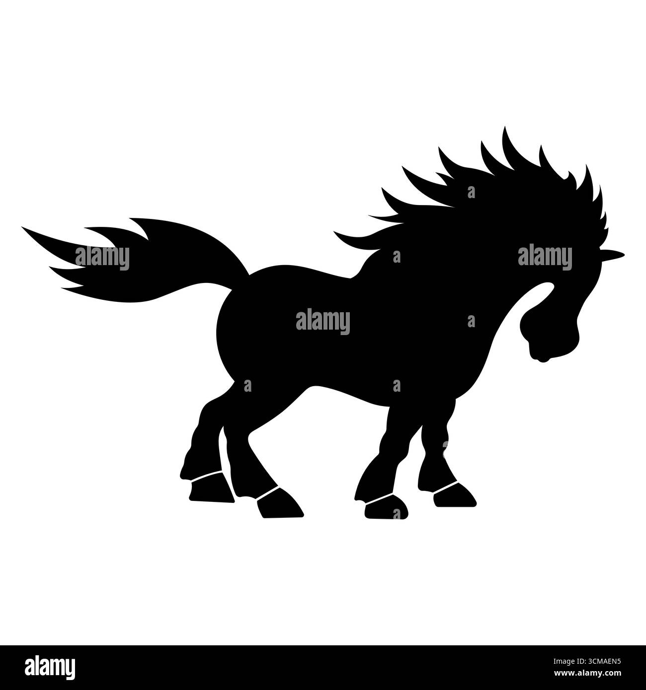 Silhouette d'un cheval puissant avec Mane et queue fluides. La figure de cheval noir se tient sur quatre sabots, mettant l'accent sur l'énergie, la liberté et la force. Illustration de Vecteur
