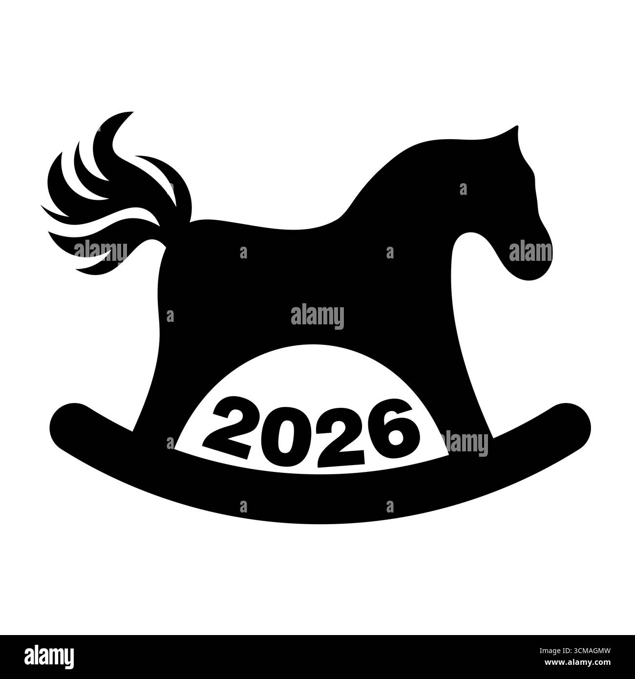 Silhouette de cheval à bascule avec 2026 ans. Idéal pour les vœux du nouvel an, les motifs festifs, les thèmes pour enfants ou les graphiques symboliques liés à 2026. Illustration de Vecteur