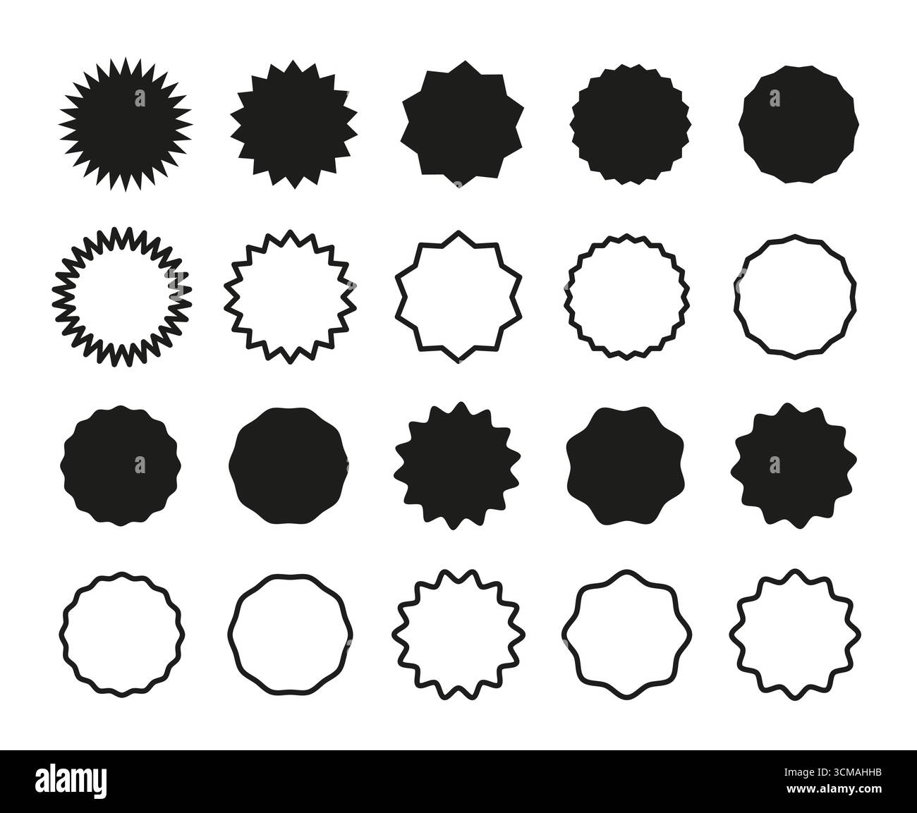 Autocollants cercles. Ensemble de badges promotionnels à bords ondulés. Étiquettes en forme d'éclat d'étoile pour le prix. Vierges d'autocollants de vente. Silhouette noire. Étiquettes vintage plates. Cercle Illustration de Vecteur