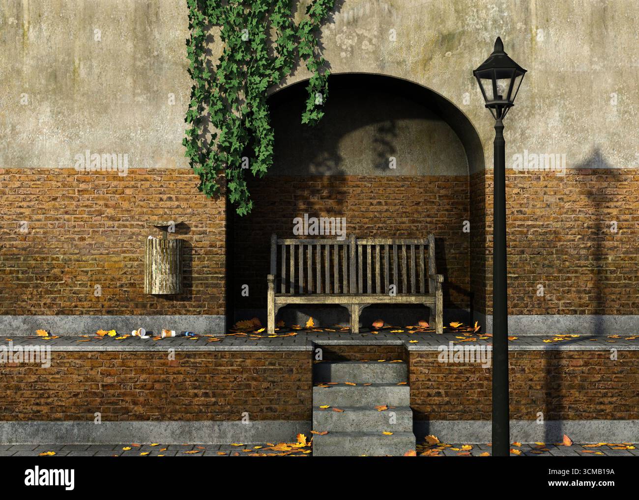 Illustration 3D d'un banc en bois rustique sous et lampadaire dans une ruelle tranquille avec des murs de briques rouges, lierre, feuilles d'automne dispersées et litière sur le p Banque D'Images