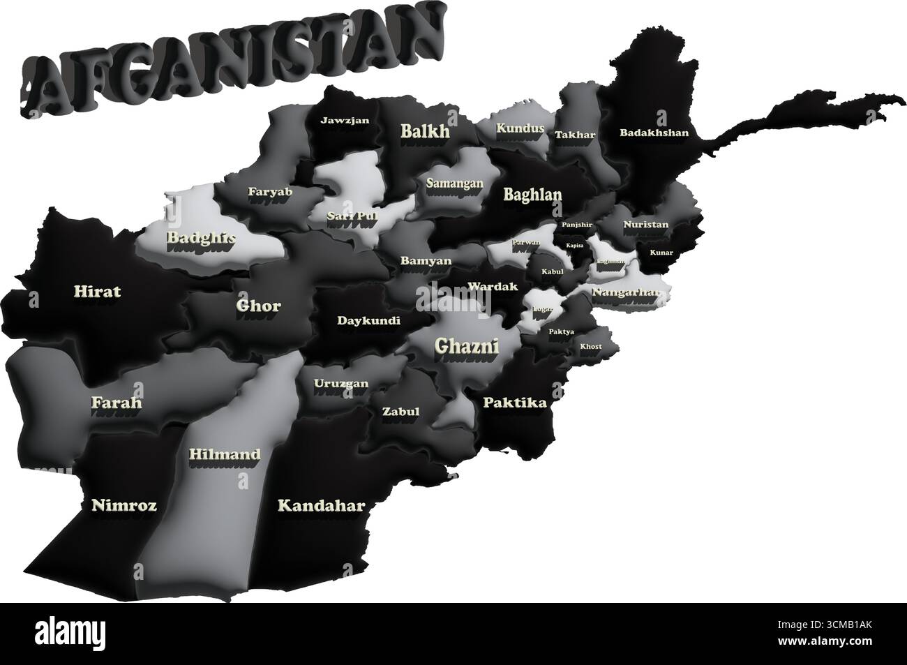 Carte de l'Afghanistan – Monochrome 3D Balloon illustration vectorielle détaillée du pays pour la géographie, les voyages et l'éducation Illustration de Vecteur