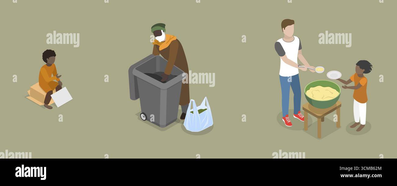 Illustration plate isométrique 3D de crise alimentaire, soutien des personnes dans le besoin Banque D'Images