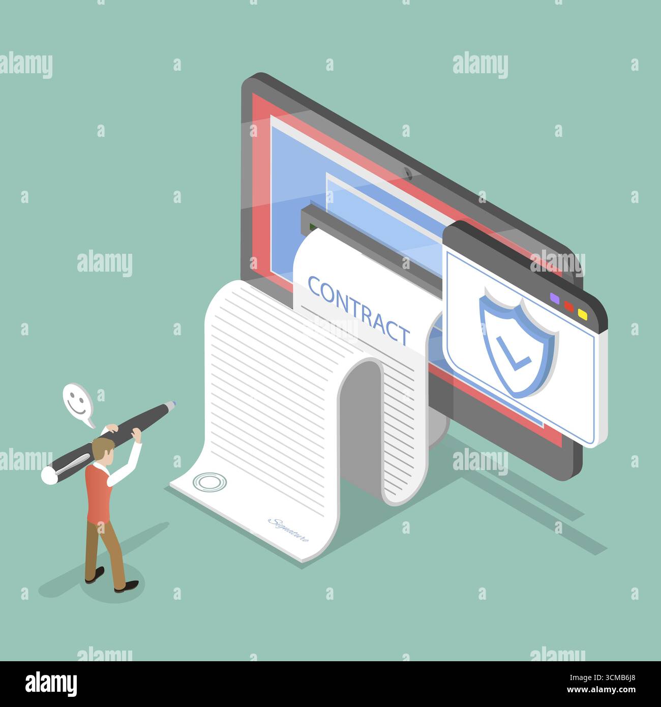 Illustration plate isométrique 3D du contrat électronique avec signature numérique, conclusion du contrat Banque D'Images