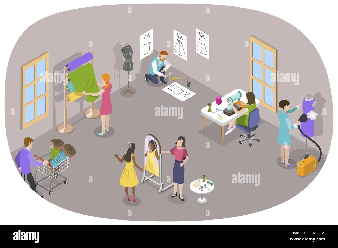 Illustration plate isométrique 3D des ouvriers de l'Atelier de mode, intérieur de l'Atelier de couture Banque D'Images