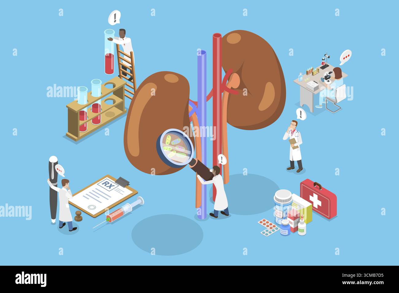 Illustration plate isométrique 3D du traitement des reins, de la néphrologie et de l'urologie Banque D'Images
