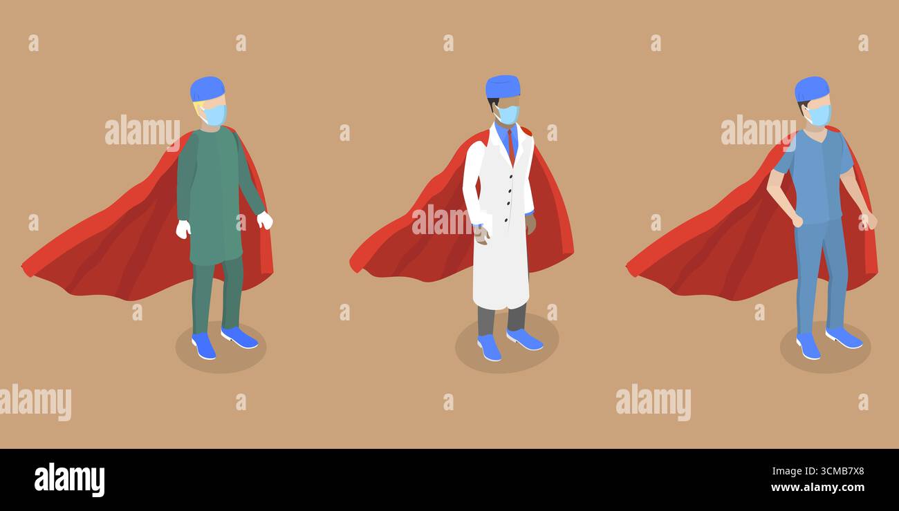 Illustration plate isométrique 3D de Doctor Super Hero, travailleurs hospitaliers professionnels Banque D'Images