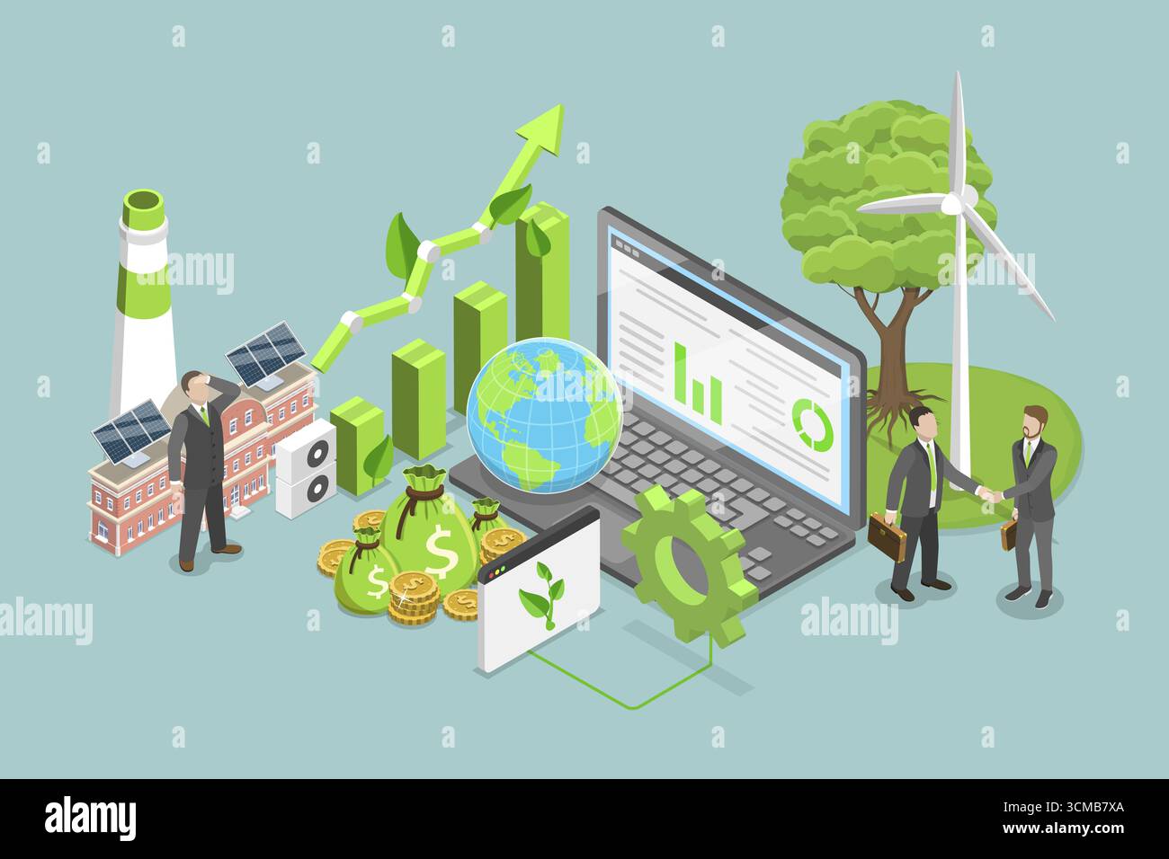 Illustration plate isométrique 3D de la finance verte, de la croissance et de la durabilité économique Banque D'Images
