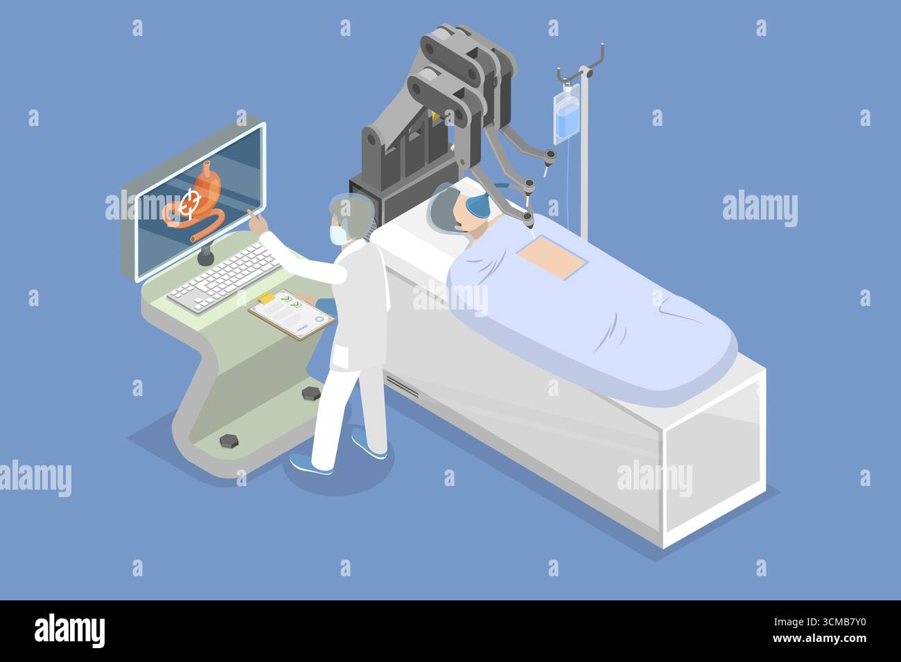 Illustration plate isométrique 3D de la chirurgie avec robot médical, contrôle d'un bras Cyborg pendant une opération médicale Banque D'Images