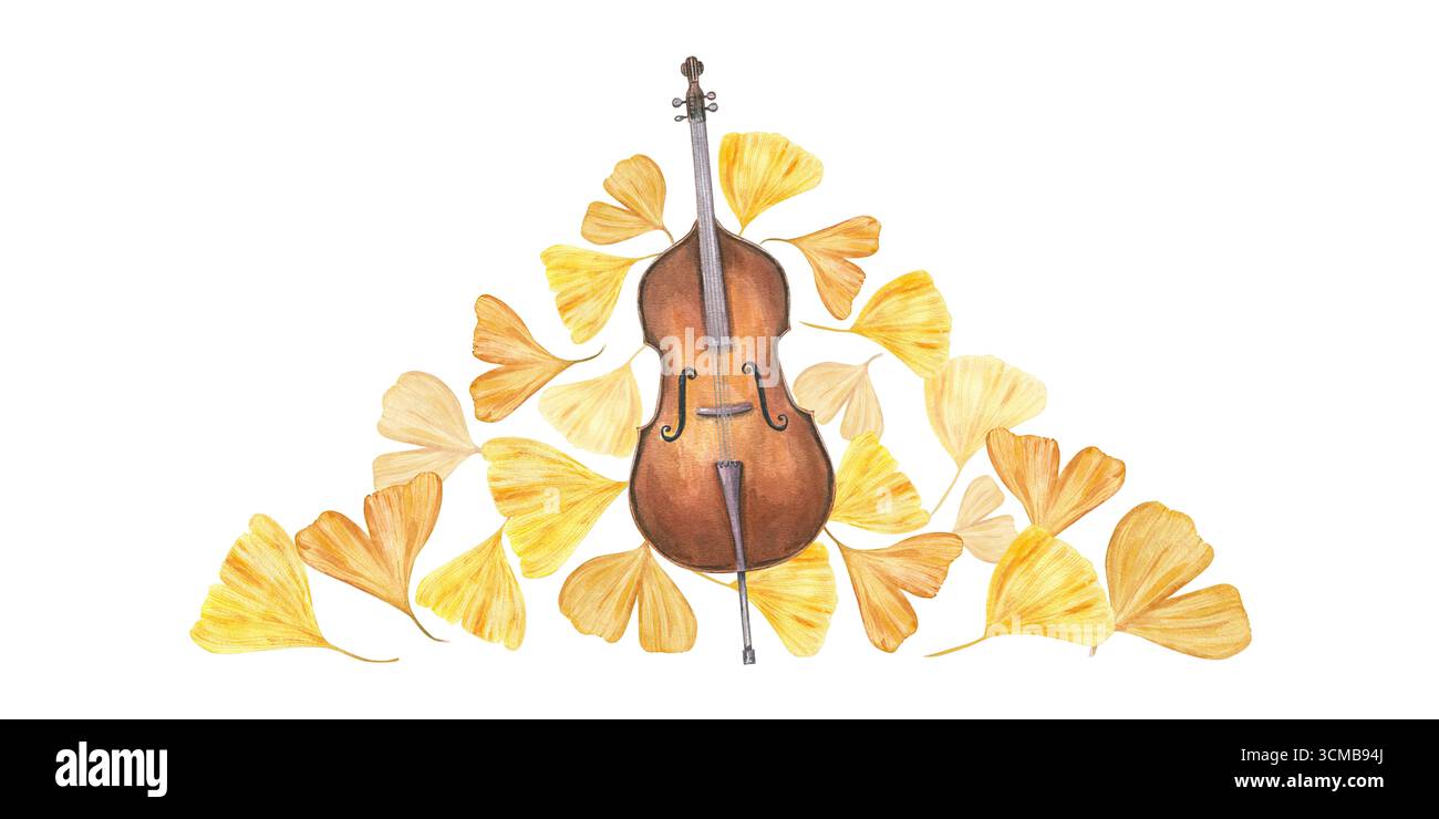Contrebasse brune sur gingko biloba doré feuilles d'aquarelle illustration sur fond isolé. Instrument de musique classique, feuille d'arbre d'automne. Banque D'Images