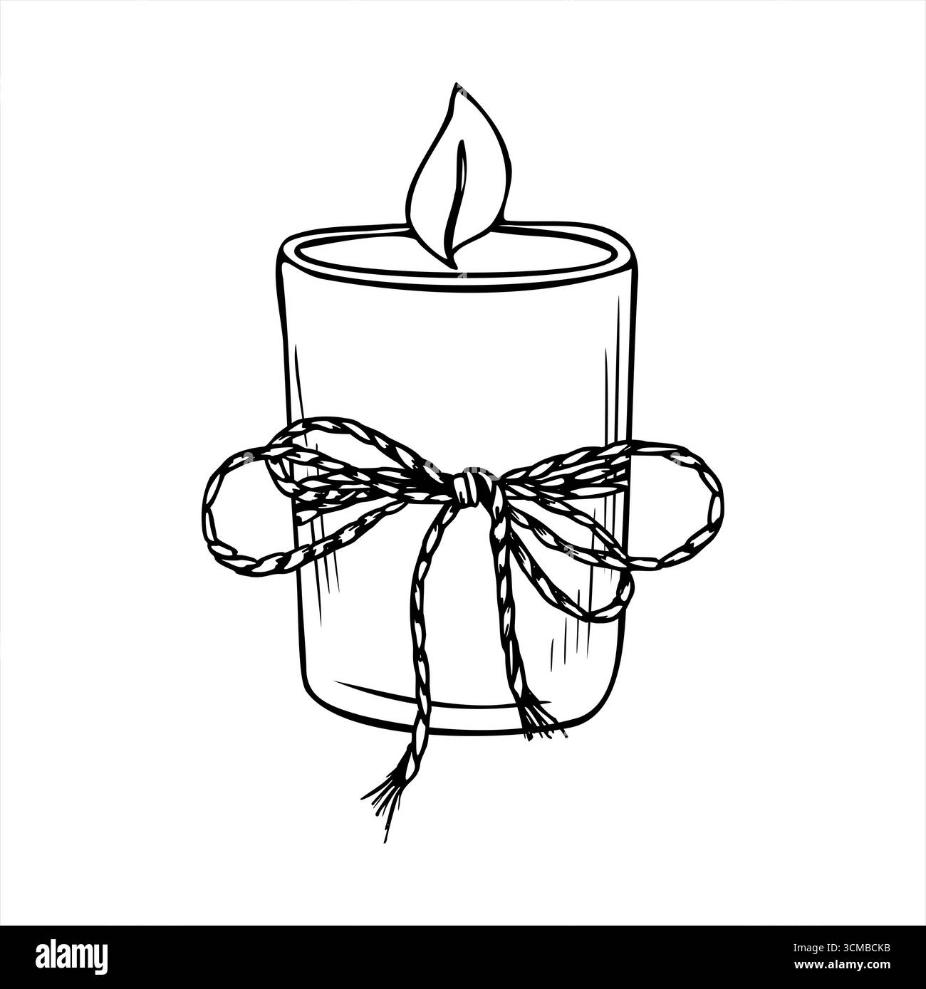 Bougie brûlante dans un pot en verre décoré illustration vectorielle de corde torsadée peinte par des encres noires. Dessin à la gravure d'un élément aromatique de Noël Illustration de Vecteur