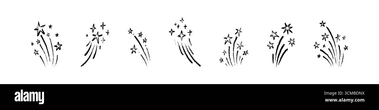 Ensemble de griffonnages de feu d'artifice dessinés à la main au charbon de bois. Nouvel an dessiné à la main, Noël, anniversaire, fond de célébration de Diwali. Crayon feux d'artifice et étoiles Illustration de Vecteur