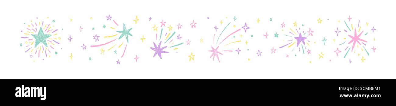 Ensemble de mignon crayon dessiné à la main Doodle étoiles filantes enfantines, feu d'artifice, bling, scintillement, glint. Crayon enfants de couleur pastel craie dessins texturés. Spa Illustration de Vecteur