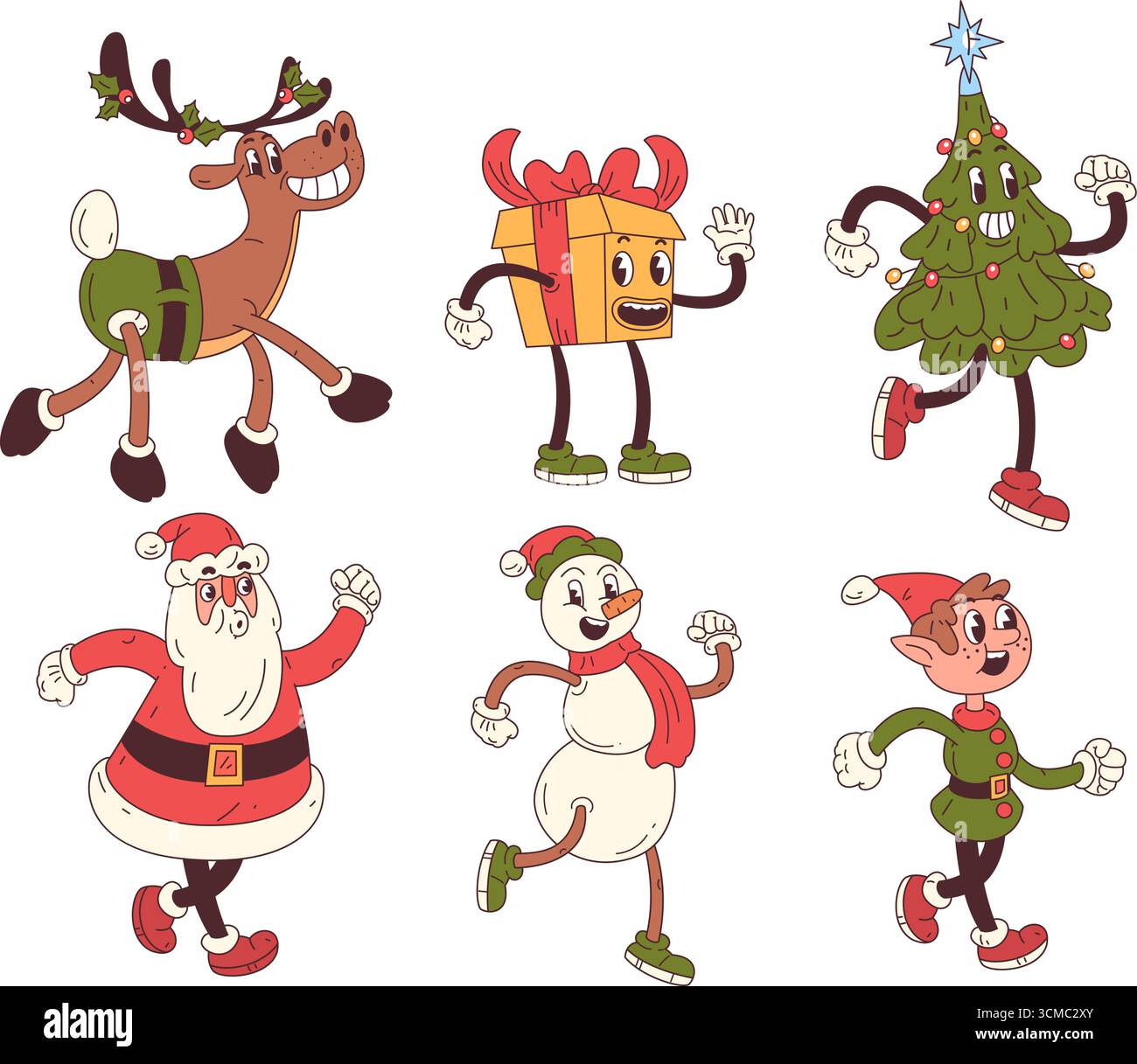 Personnages groovy de Noël. Xmas cool personnage drôle, rétro dessin animé Santa claus vintage mascotte elfe renne bonhomme de neige cadeau nouvel an hiver hippi funky Illustration de Vecteur