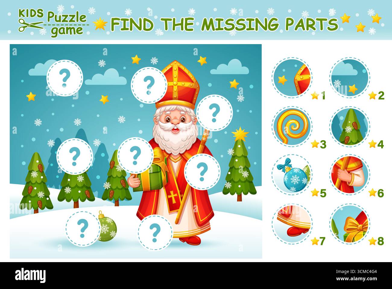 Trouvez les pièces manquantes Saint Nicholas Sinterklaas photo, match pièces. Jeu de puzzle éducatif pour enfants. Saint Nicolas jour de vacances. Vecteur de tâche d'apprentissage pour enfants Illustration de Vecteur