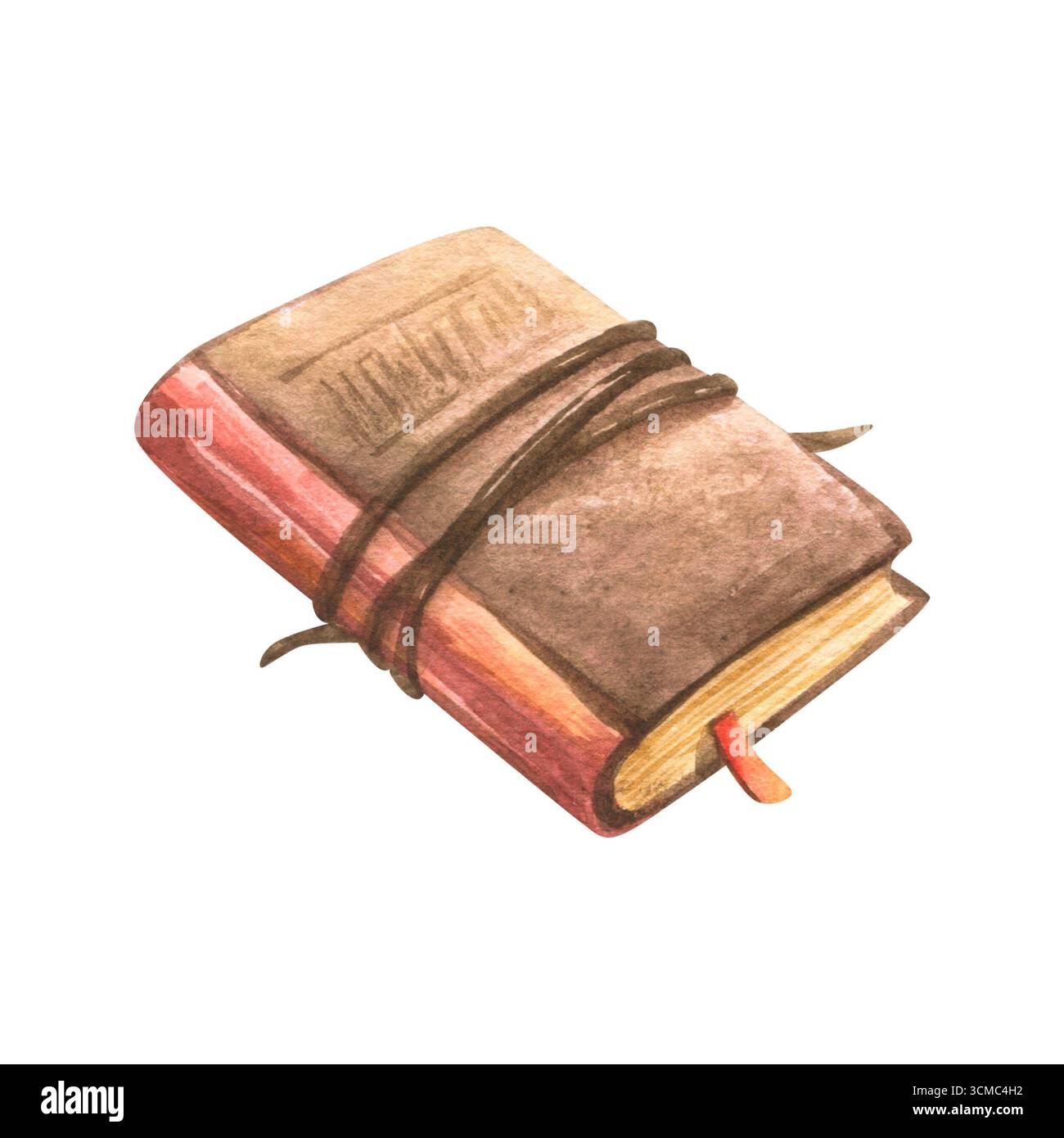 Livre fermé avec couverture en cuir dans des tons bruns chauds, illustration aquarelle peinte à la main parfaite pour le décor d'automne, autocollants, clipart et confortable Banque D'Images