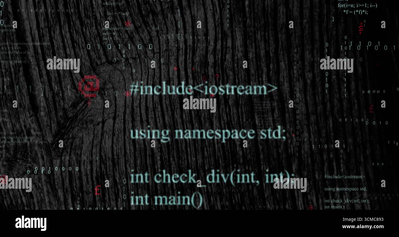 Affichage d'extraits de code C++ cyan sur fond de grain de bois, avec flux binaires et symboles de code rouge Banque D'Images Affichage d'extraits de code C++ cyan sur fond de grain de bois, avec flux binaires et symboles de code rouge Banque D'Images