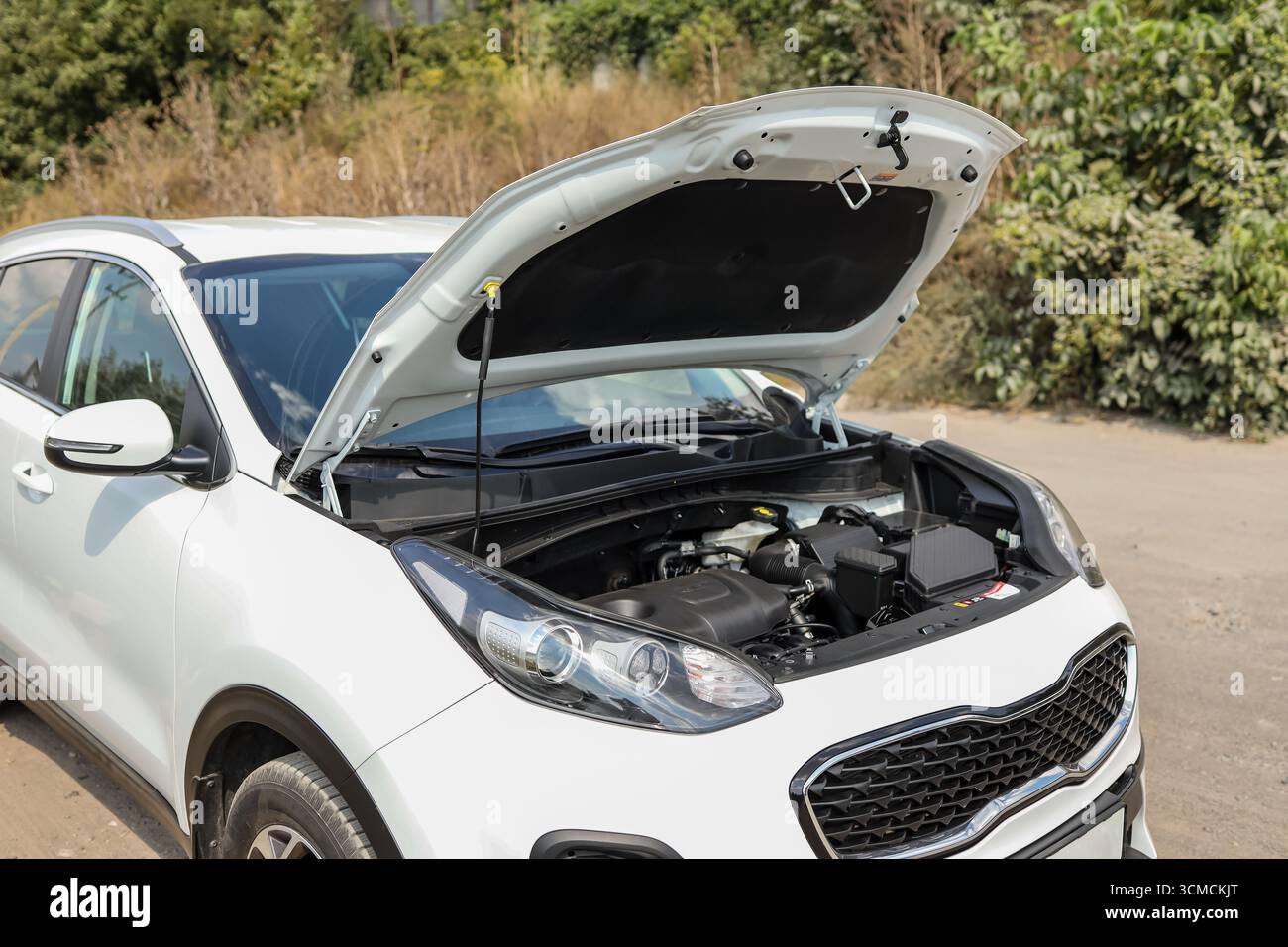 Ouvrez le capot de la voiture sur la route. Banque D'Images