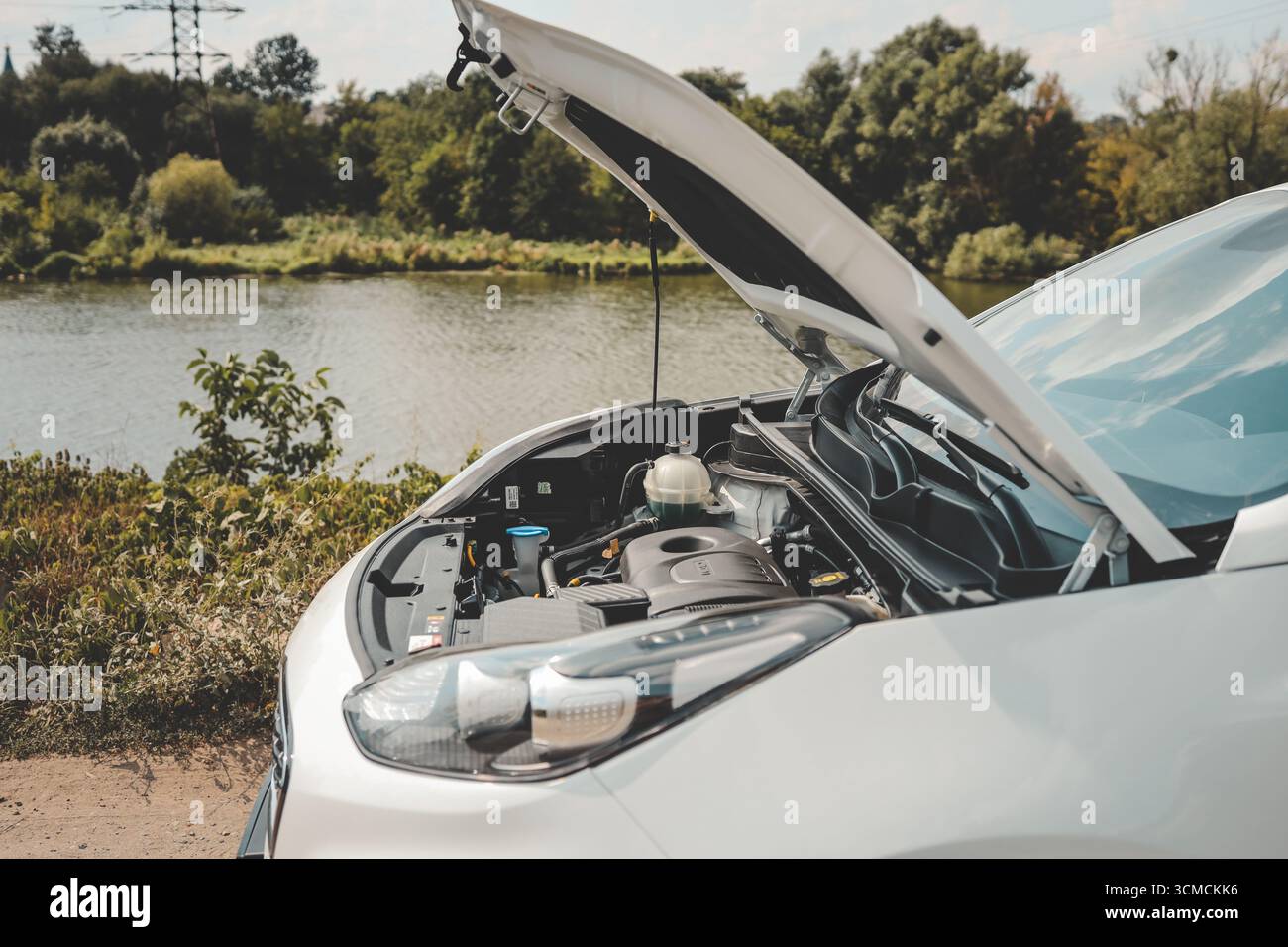 Ouvrez le capot de la voiture sur la route. Banque D'Images