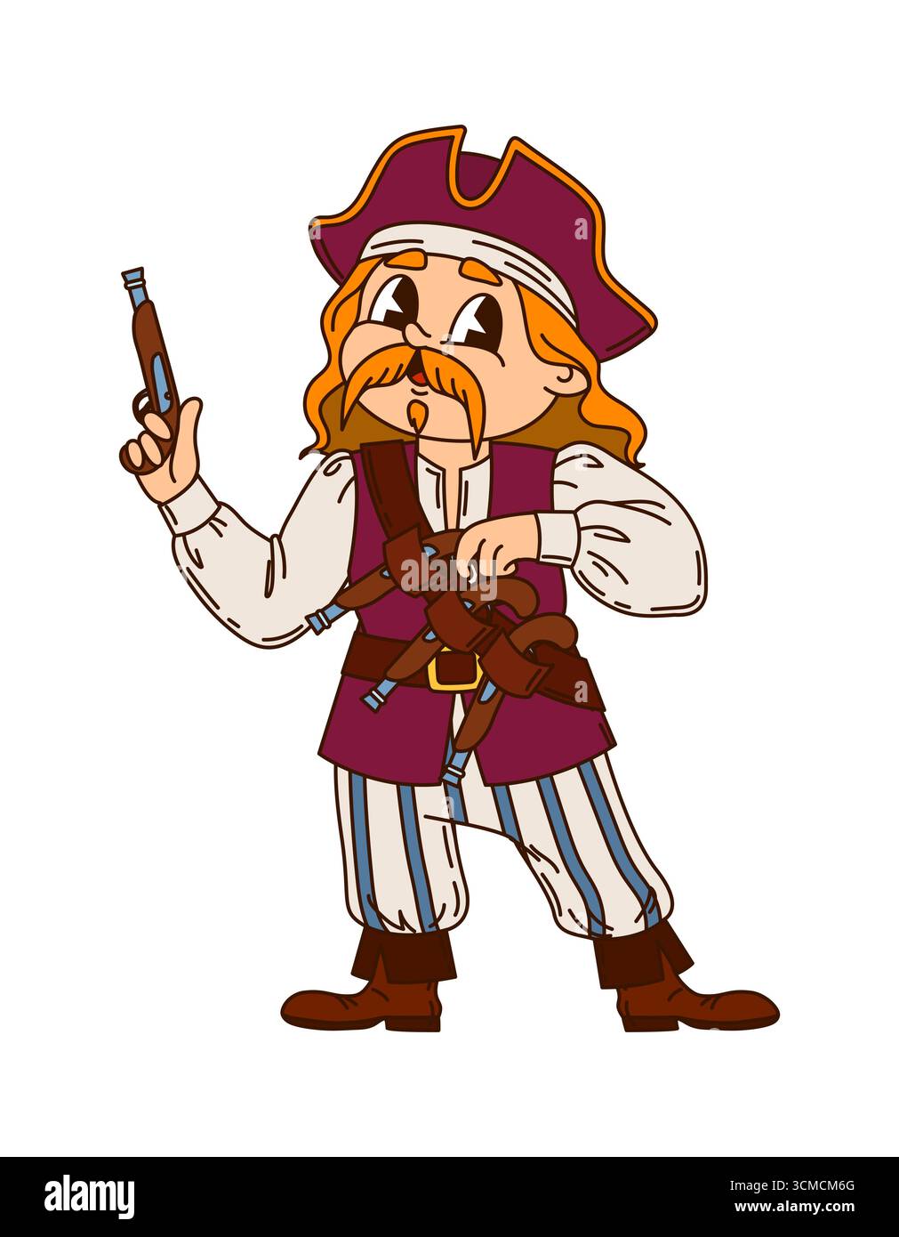 Caricature pirate européen et personnage de marin corsaire avec chapeau de capitaine, et pistolets pose joyeusement. Vector groovy joyeux et aventureux personnage de rover y2k porte une chemise de filibuster et un pantalon rayé Illustration de Vecteur