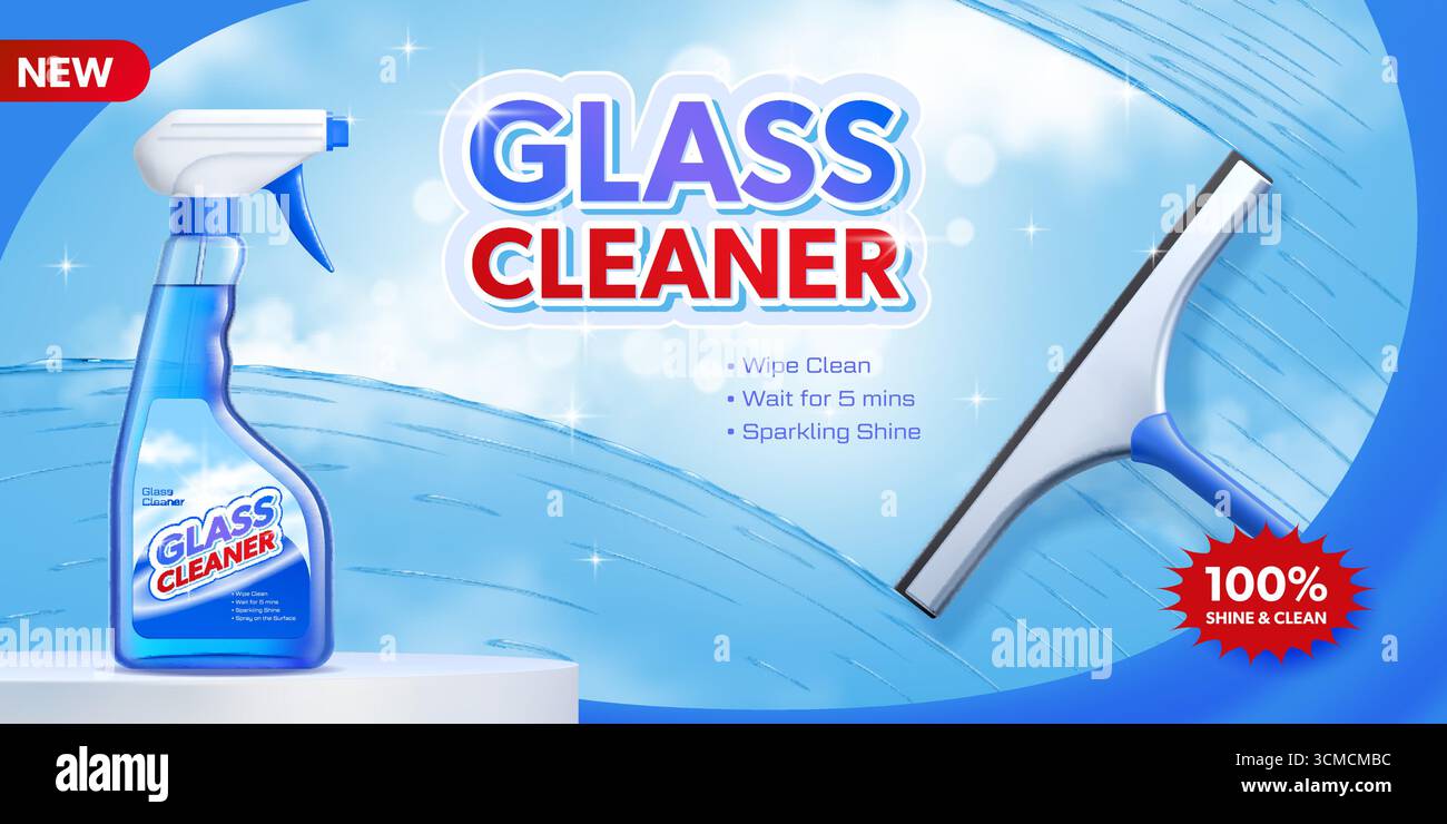 Bannière publicitaire pour nettoyeur de vitres avec flacon pulvérisateur et raclette pour vitres. Vector Clean et Modern Product Advertising, met l'accent sur l'hygiène, la fraîcheur et la nouvelle formule de nettoyage protectrice Illustration de Vecteur