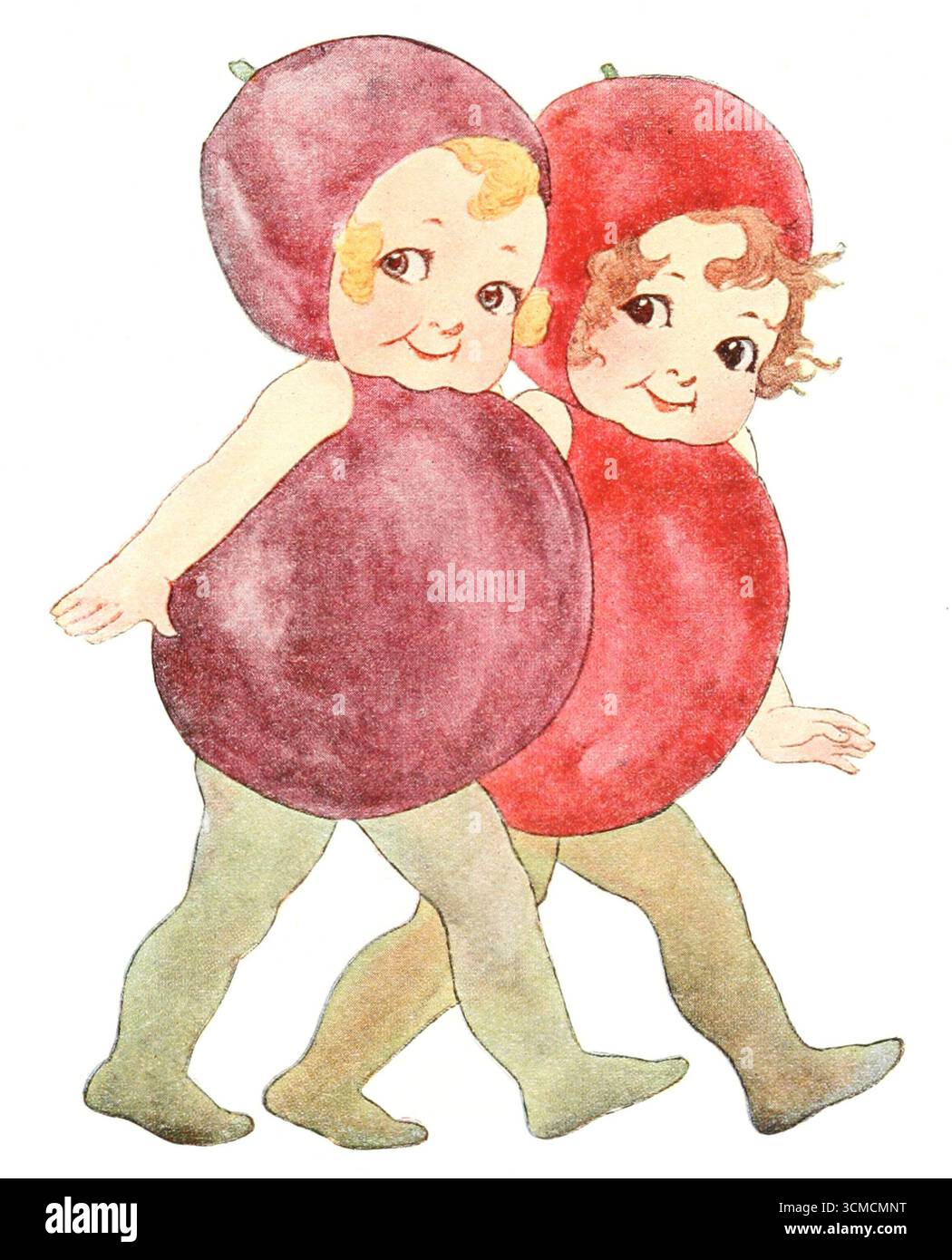Illustration vintage de deux enfants habillés en prunes des enfants de la Terre mère : les Frolics des fruits et légumes par Marion T. Ross. Publié en 1914. Banque D'Images