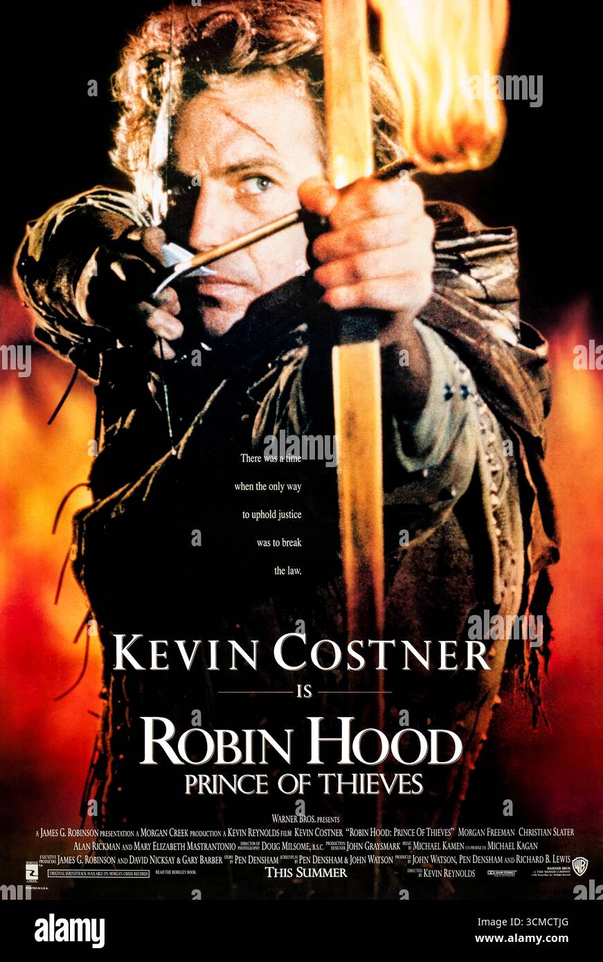 Robin des bois : Prince of Thieves (1991) réalisé par Kevin Reynolds et mettant en vedette Kevin Costner, Morgan Freeman et Mary Elizabeth Mastrantonio. Le légendaire hors-la-loi mène une rébellion contre la tyrannie tout en volant aux riches pour aider les pauvres. Photographie d'une affiche américaine originale de 1991 À USAGE ÉDITORIAL EXCLUSIF. Crédit : BFA / Warner Bros Banque D'Images