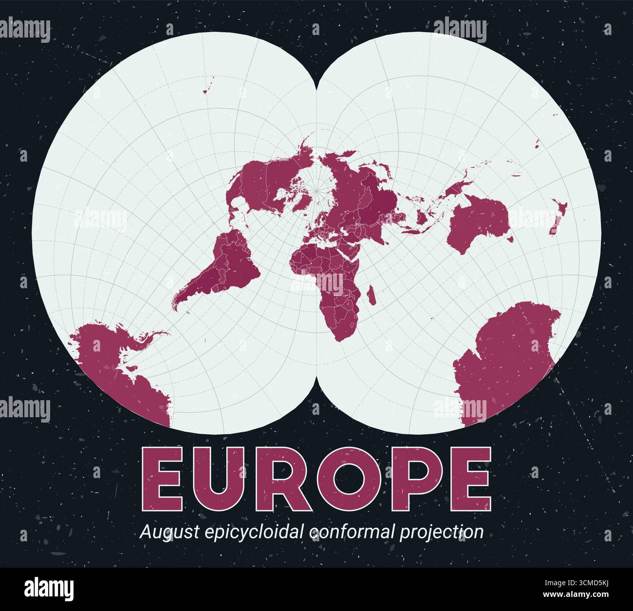 Europe. Carte du monde. Projection conformationnelle épicycloïdale d'août centrée sur l'Europe. Palette Pink foncé menthe pâle. Texture vintage. Illustration de Vecteur
