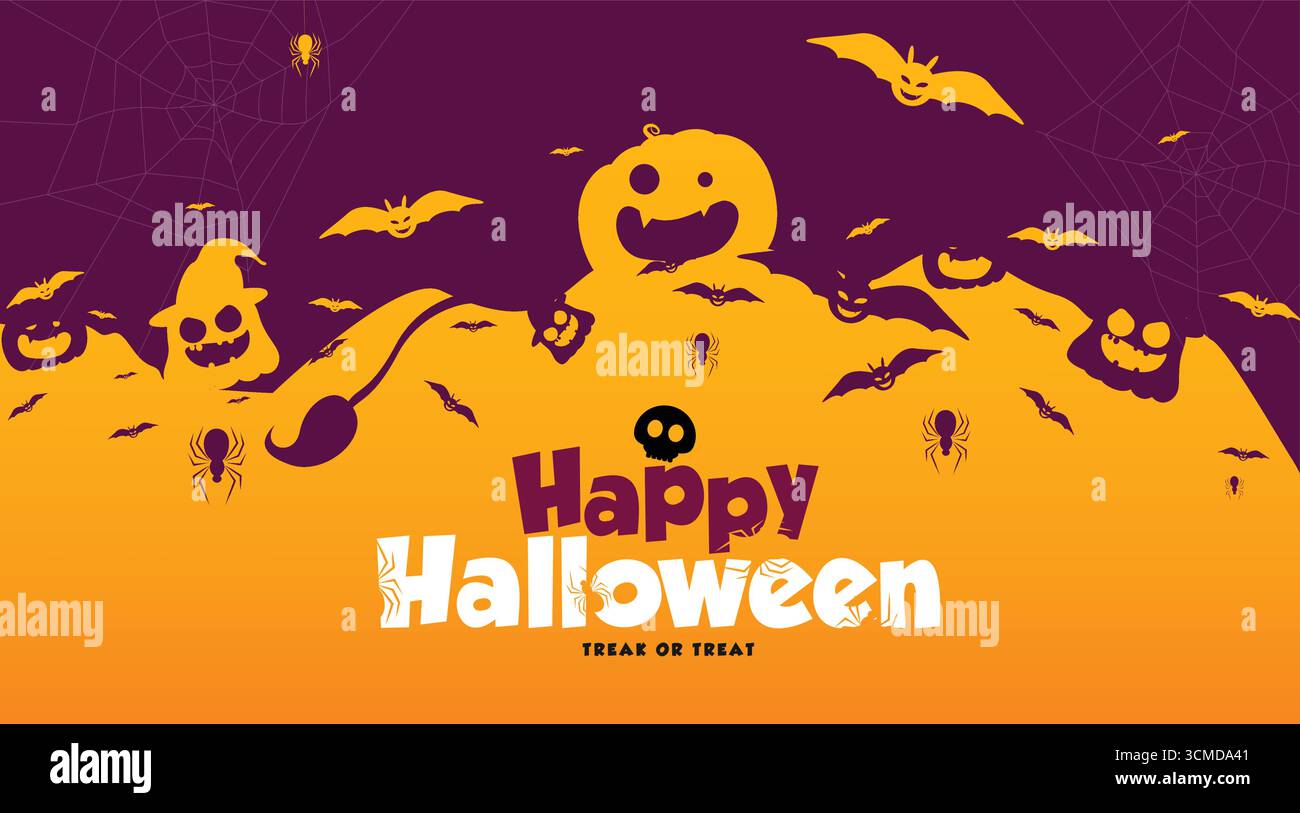 Illustration clipart d'Halloween avec citrouilles, chauves-souris volantes, araignées, toiles d'araignée et silhouettes effrayantes. Un fond vectoriel festif parfait pour saluer Illustration de Vecteur