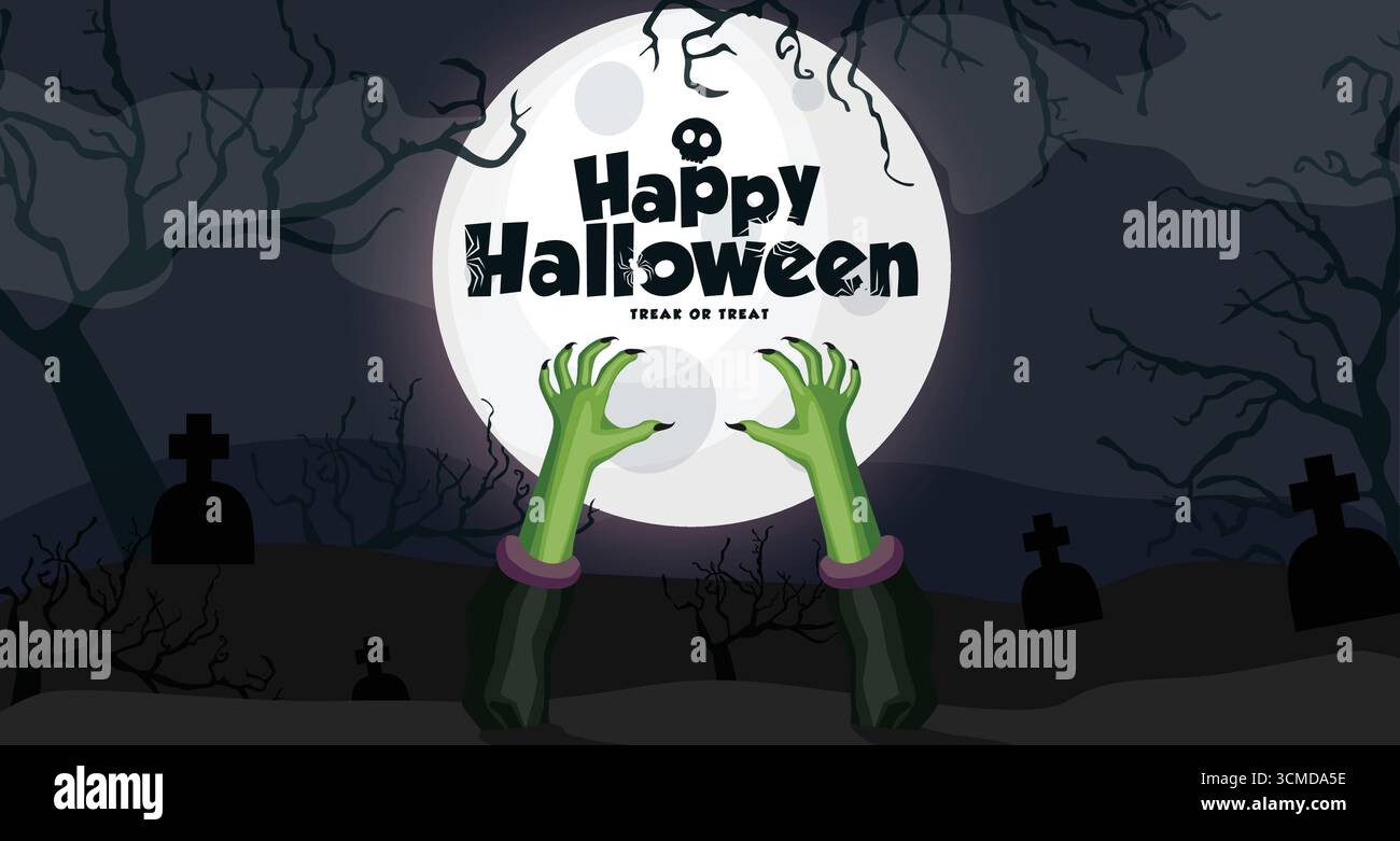 Fond vectoriel d'Halloween effrayant avec la lune, les mains de zombie, le cimetière et le texte de voeux. Idéal pour les invitations de fête, affiches d'horreur, bannières, saison Illustration de Vecteur