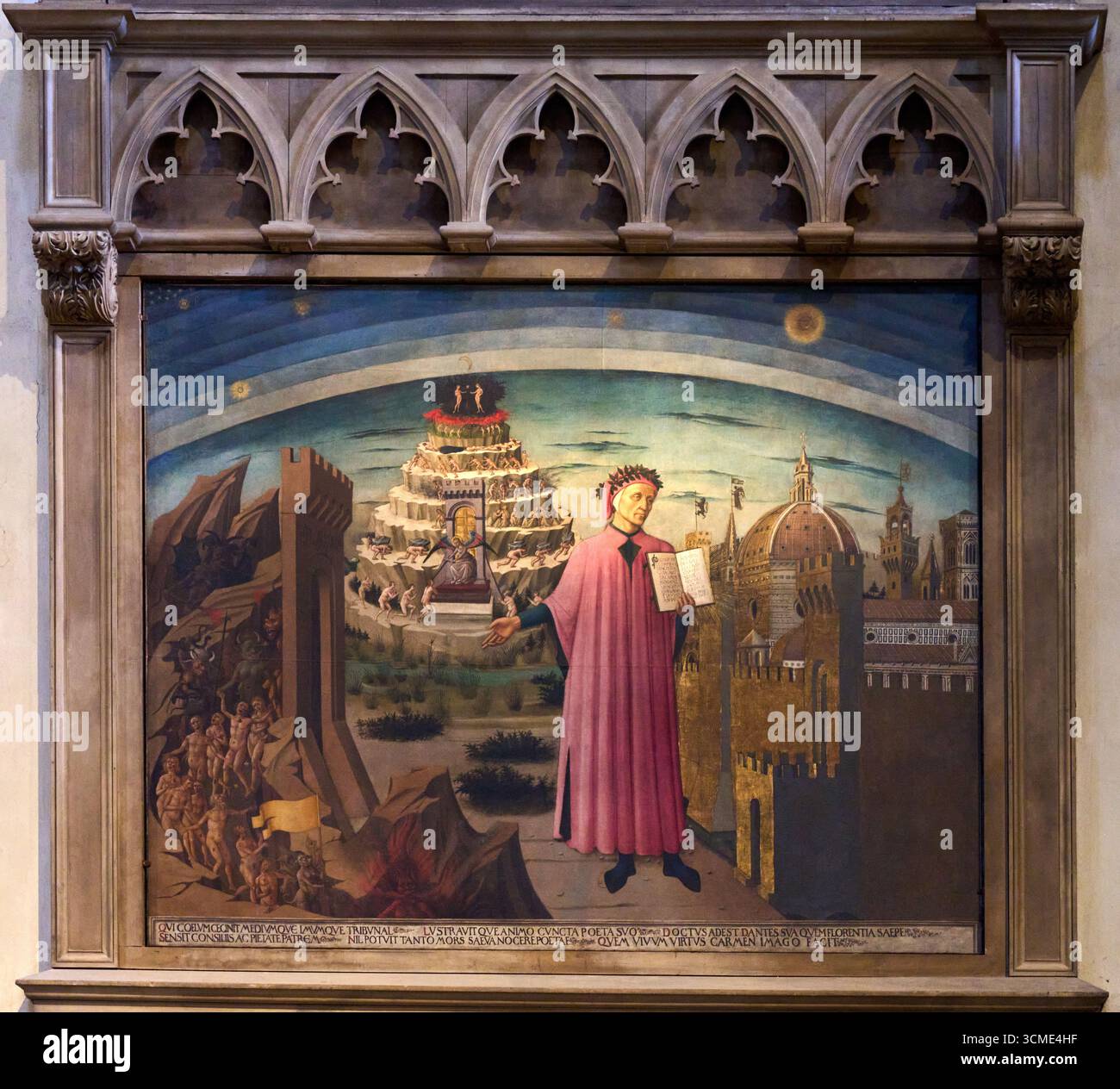Fresque de Dante expliquant la Divine Comédie de Domenico do Michelino (1417-1491), intérieur, Cathédrale de Santa Maria del Fiore, le Duomo, Florence, Banque D'Images