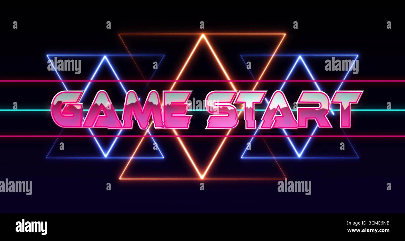 Affichage stylisé DU texte DE DÉBUT DE JEU sur un écran sombre de style arcade, avec des triangles et des lignes au néon Banque D'Images
